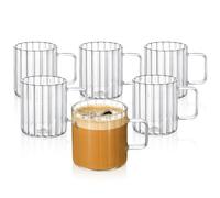 Wilmax - Juego de 6 vasos aislantes con asa, 250 ml, cristal estriado para agua, té, café, tazas de té y café, para bebidas frías y calientes, apto para lavavajillas