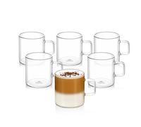 Wilmax Juego de 6 vasos de té y café con asa, 200 ml, vasos para bebidas calientes y frías, tazas de café, copas de vino caliente, vasos de zumo, vasos de agua, tazas de cristal, aptos para