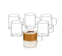 Wilmax Juego de 6 vasos de té y café con asa, 300 ml, vasos para bebidas calientes y frías, tazas de café, copas de vino caliente, vasos de zumo, vasos de agua, tazas de cristal, aptos para