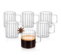 Wilmax - Vasos térmicos con asa - Juego de 6 - 150 ml - Vasos de cristal estriado para agua, té, café - vasos de té y café - Vasos para bebidas calientes y frías - Apto para lavavajillas