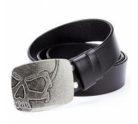 WILsem Cinturón de piel de vaca para hombre, hebilla de calavera plateada, cabeza de la muerte, accesorios de estilo rock de metal pesado, Negro, 125 cm