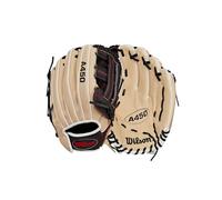Wilson 2024 A450 - Guante de béisbol juvenil de 12 pulgadas, para lanzar a la derecha, rubio/negro/rojo