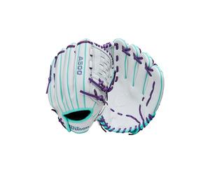 Wilson A500 Siren Fastpitch Softball Gloves Guantes Unisex, Blanco/Espuma de Mar/Violeta, Infield/Pitcher: 12"