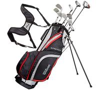 Wilson Amazon Exclusive, Set Completo para Principiantes, 10 Palos de Golf con Bolsa de Transporte, Hombre (Mano Izquierda) Stretch XL, Negro/Gris/Rojo, WGG157550
