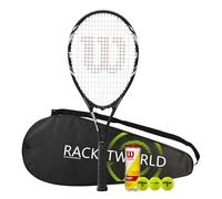 Wilson Federer - Raqueta de tenis para adultos (varias opciones de paquete), serie negro/blanco (raqueta, cubierta y pelotas)