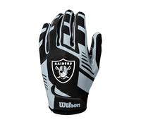 Wilson Guantes de Fútbol Americano AD NFL, Ajuste Elástico, Ajuste Seguro y Agarre Firme, Transpirable, Rendimiento Óptimo, Equipo: Las Vegas Raiders, Color: Negro/Plateado, Talla para Adulto