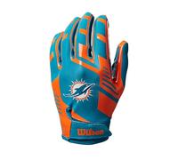 Wilson Guantes de Fútbol Americano AD NFL, Ajuste Elástico, Ajuste Seguro y Agarre Firme, Transpirable, Rendimiento Óptimo, Equipo: Miami Dolphins, Color: Verde/Naranja, Talla para Adulto
