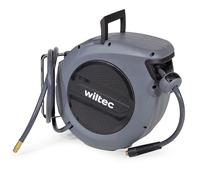 Wiltec Carrete de acero con manguera de aire híbrida 15 m para aire comprimido presión de trabajo hasta 17 bares montaje fácil enrollador automatico de la manguera