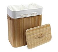Wiltec Cesta plegable ropa sucia de bambú 105l color natural con saco interior de lino de 2 compartimentos ropa clara oscura con tapa removible usable como cesto de juguetes