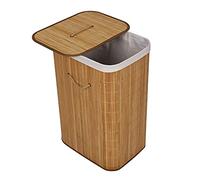 Wiltec Cesta plegable ropa sucia de bambú 72l color natural rectangular con saco interior extraíble 1 compartimento con tapa removible y asas