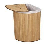 Wiltec Cesta ropa sucia triangular 57 l plegable color natural de bambú cubo de esquina tapa removible con asa cesto ropa sucia esquinero con saco interior extraíble de lino 1 compartimento