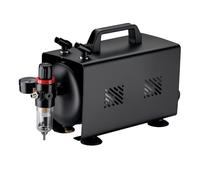 Wiltec Compresor para aerógrafo AS18TB 1/6 CV, compresor de aire comprimido con caudal de 20-23 l/min, para pistola aerográfica con 2 salidas y manómetro, diseño con pistola de aerografía