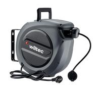 Wiltec Enrollador de cable eléctrico 15 m con corte térmico, soporte giratorio 180°, IP20, carcasa de PP, práctico y seguro para organizar cables.