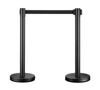 Wiltec Juego de 2 postes separadores con cinta retráctil 200 cm, acero inoxidable, negro, aptos para uso en interiores y exteriores, ideales para organizar filas y delimitar zonas de acceso