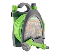 Wiltec Mini enrollador de manguera en PP con manguera de PVC, boquilla ajustable de 5 modos, 2 conectores 3/8" y adaptador 1/2"-3/4"