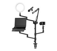 Wiltec Soporte de streaming 4 en 1 99,6x15,2 x143 cm de escritorio con abrazadera de fijación 1 brazo de micrófono 3 brazos articulados para cámara, anillo de luz y monitor/ordenador base de broadcast
