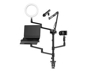 Wiltec Soporte de streaming 4 en 1 99,6x15,2 x143 cm de escritorio con abrazadera de fijación 1 brazo de micrófono 3 brazos articulados para cámara, anillo de luz y monitor/ordenador base de broadcast