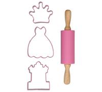 Wilton Juego de 4 cortadores de galletas de princesa: juego de repostería infantil con rodillo, cortadores de galletas, corona, vestido y castillo, cortadores de galletas, reutilizables, juego de 4