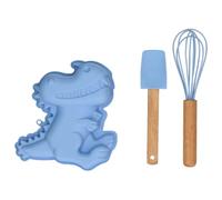 Wilton Kit de repostería de dinosaurio de 3 piezas: molde de silicona con dinosaurio 3D con batidor y raspador de masa, molde infantil para hornear pasteles, reutilizable - set/3