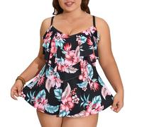 WIN.MAX Traje de Baño en Dos Piezas Sexy Mujer Tankini Vest + Short de Baño Traje Conjunto de Bañador Swimsuit para el Mar, Playa, Piscina, Fiesta, Vacaciones (Flores & Negro, EU44)