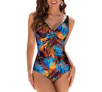 WIN.MAX Trajes de baño de una Pieza para Mujer Traje de baño con Control de Barriga Trajes de baño Monokini con Pliegues y Empuje hacia Arriba, para Copa D a G (Hojas de Palma Azules, EU38)