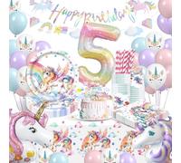 WINAROI Decoración Cumpleaños Unicornio Niña 5 Años, Vajilla para Fiesta de Unicornio Incluye Platos, Taza, Servilletas, Pajas, Mesa, Globos, Pancarta y Tortadeco