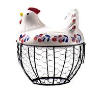 Wination Cesta de huevos de metal negro con asa para almacenamiento de huevos con tapa creativa de cerámica para gallina, cesta de colección de frutas y verduras para decoración de cocina