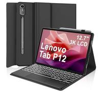 WINCHKING Funda con teclado para Lenovo Tab P12 de 12,7 pulgadas 2023, teclado para tablet Lenovo Tab P12, iluminación de 7 colores, magnética, desmontable, diseño QWERTZ (panel táctil negro)