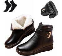 WINDEHAO Botas ortopédicas de lana de piel auténtica con hebilla de metal para mujer, botas de tobillo de piel de terciopelo cálido para madres mayores, Lana negra, 34.5 EU