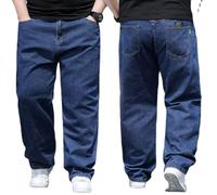 WINDEHAO Men’s High Waist Straight Fit Jeans Plus Size 48W Jeans Loose Fitting Straight Leg Jeans High Elasticity Baggy Jeans (48W,Dark Blue)