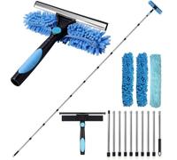 Window Cleaning Equipment 2-in-1,390cm Telescopic Window Cleaner with Silicone Squeegee&Microfiber Cloths(153In),Long Handle Window Squeegee Kit with Rotatable Head for High Windows,Shower Glass & Car