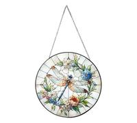 Window Dragonfly Sun Catcher, Glass Sun Catcher Panel, Stained Glass Wall Art, Dragonfly Window Hanging, Home Decor Window Decoration, 7.87inch Stained Glass Panel, Colorful Sun Catcher for Window