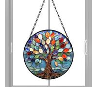 Window Ornament, Hangable Colorful Tree Panel Window Pendant Indoor Outdoor Decorative Suncatcher Hanging Art Decor for Porch Living Room Balcony Bedroom Entryway Mantel Housewarming Gift