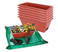 Window Planter Box Set - 7 Pack Rectangular 16.5 Inch, Large Windowsill Planter Pots with Tray Set, Indoor Outdoor Rectangle Flower Boxes for Herbs, Vegetables & Flowers, Includes Gloves, Mat & Shovel