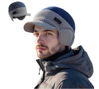 Windproof Thermal Cap with Visor, Winter Knitted Earflap Hat with Brim and Ear Flaps, Cozy Fleece Lined Thermal Beanie (Navy)