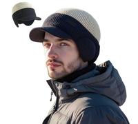 Windproof Thermal Cap with Visor, Winter Knitted Earflap Hat with Brim and Ear Flaps, Cozy Fleece Lined Thermal Beanie (Begie)