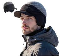 Windproof Thermal Cap with Visor, Winter Knitted Earflap Hat with Brim and Ear Flaps, Cozy Fleece Lined Thermal Beanie (Black)