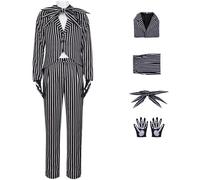 Windskids Jack Disfraz Hombre Cosplay Nochebuena Susto Jack Skellington Esqueleto Novio Gótico Vintage Rayas Smoking Set 4 Piezas para Halloween Carnaval Fiesta Mascarada Costume, Blanco y Negro