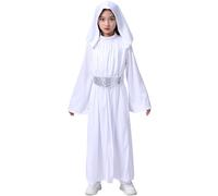 Windskids Niñas Leia Disfraz Cosplay Planeta Guerra Princesa Leia Blanco Capucha Vestido y Pantalones Cinturón Pelucas Set para Halloween Carnaval Fiesta Cumpleaños Mascarada Costume, 3-10 años
