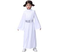 Windskids Niñas Leia Disfraz Cosplay Planeta Guerra Princesa Leia Blanco Capucha Vestido y Pantalones Cinturón Pelucas Set para Halloween Carnaval Fiesta Cumpleaños Mascarada Costume, 3-10 años