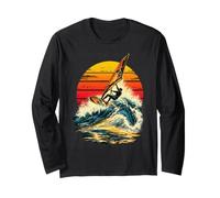 Windsurf Ola Montar al Atardecer Retro Windsurfista Océano Agua Manga Larga