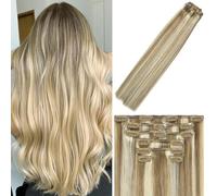 WindTouch Extensiones de cabello humano con pinzas, balayage, mezcla de rubio decolorado, 15 pulgadas, 2.47 onzas, reflejos para cabello rubio Remy, 7 unidades, #18P613, regalo para mujer
