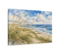 Windy Dune Grass Seascape Canvas Print - Living Room, Above Fireplace, Blue & Sandy Beige 18×12 inch (45×30 cm) - Horizontal / 1.25 inch (3 cm)