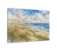 Windy Dune Grass Seascape Canvas Print - Living Room, Above Fireplace, Blue & Sandy Beige 24×16 inch (60×40 cm) - Horizontal / 1.25 inch (3 cm)