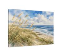 Windy Dune Grass Seascape Canvas Print - Living Room, Above Fireplace, Blue & Sandy Beige 30×20 inch (75×50 cm) - Horizontal / 1.25 inch (3 cm)