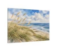 Windy Dune Grass Seascape Canvas Print - Living Room, Above Fireplace, Blue & Sandy Beige 36×24 inch (90×60 cm) - Horizontal / 1.25 inch (3 cm)