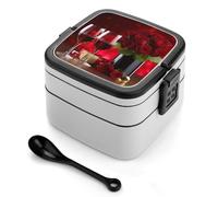 Wine And Red Roses Bento Box, 2 Compartments Meal-Prep Containers, Stackable Lunch Box with Lids, Reusable Divided Food Storage Containers for Travel, And Work