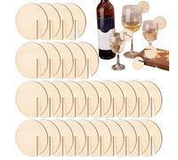 Wine Glass Tags, Drink Name Labels, Wooden Cup Identifiers, Blank Writable, Round Easy-Fit Design, Use for Wine Cups, 1.95x0.11 Inches, Natural Wood, 40 Pieces, Lightweight
