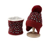 (Wine Red) Women Knit Hat and Scarf Winter Leopard Warm Print Fashion Pompom Ball Hat Ear for Protection Supplies for Outdoor Sport White