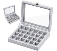 Winfred Joyero con 24 compartimentos, caja para joyas, expositor con tapa de cristal transparente para anillos, relojes, collares, pendientes, idea de regalo